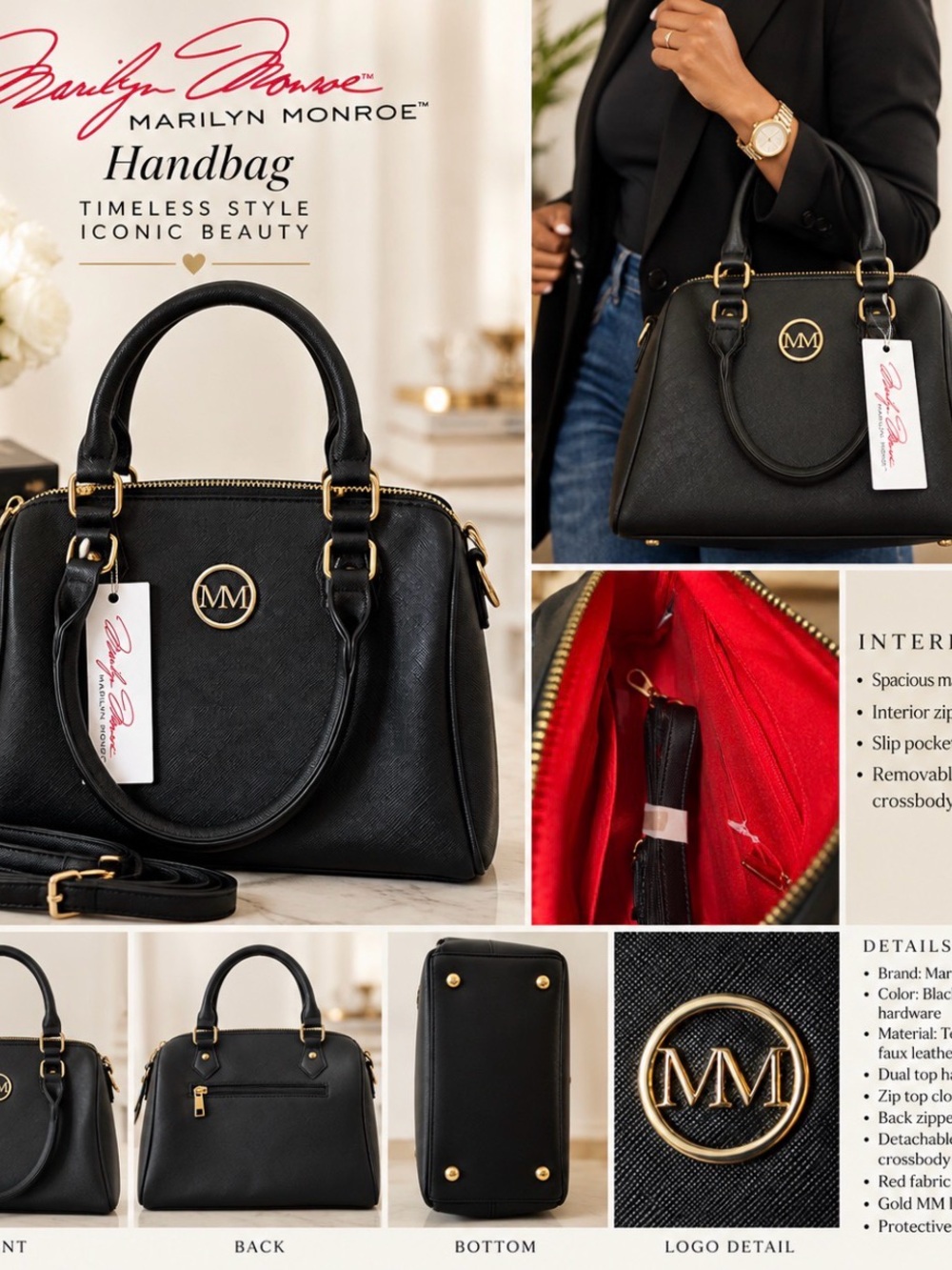 Marilyn Monroe Black Satchel with Red Interior and Gold Hardware
